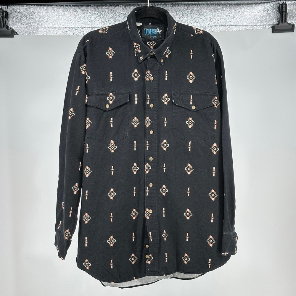 Lone Roo Roper‎ Black Southwestern Patterned Cotton Men's Vintage Western Shirt